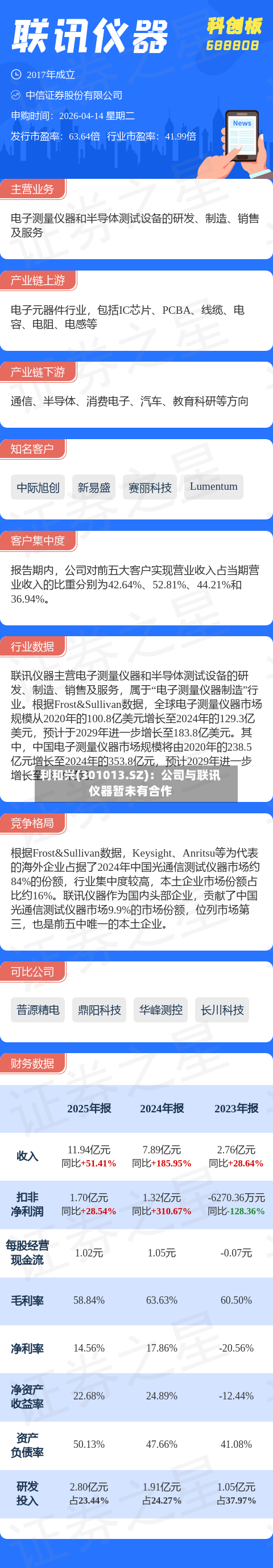 利和兴(301013.SZ)：公司与联讯仪器暂未有合作