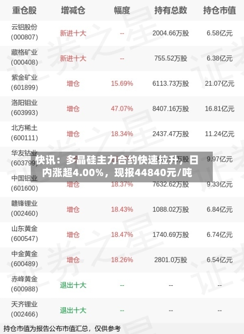 快讯：多晶硅主力合约快速拉升	，日内涨超4.00%，现报44840元/吨-第2张图片