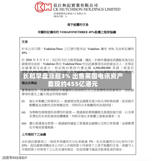长和早盘涨超3% 出售英国电讯资产套现约455亿港元