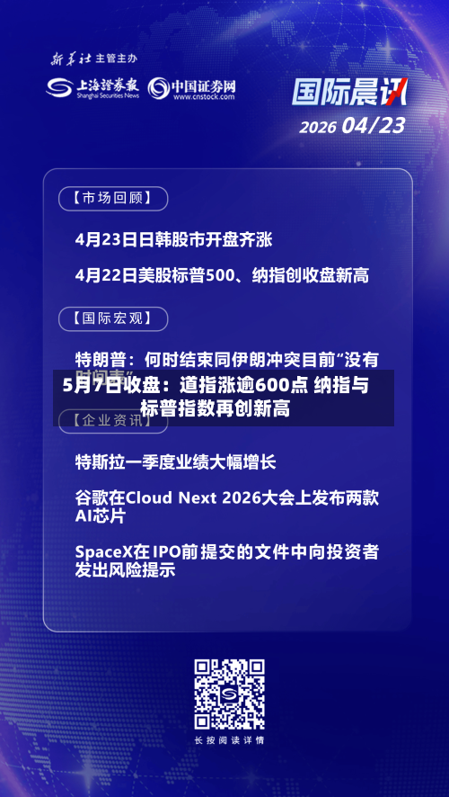 5月7日收盘：道指涨逾600点 纳指与标普指数再创新高
