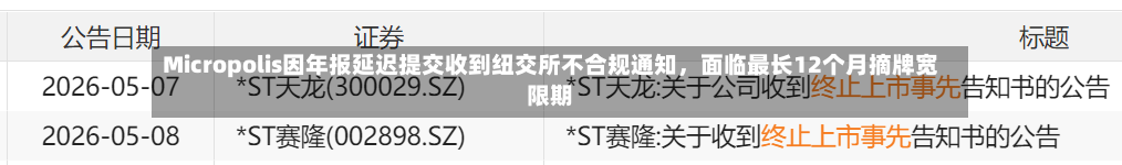 Micropolis因年报延迟提交收到纽交所不合规通知	，面临最长12个月摘牌宽限期-第2张图片